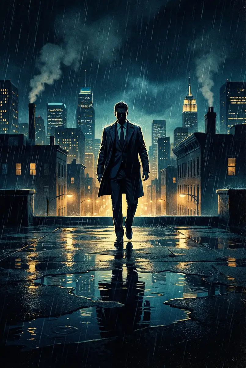 《MD传媒视频在线观看沈芯语》 出品影片《雨夜独行者》海报，雨中城市屋顶男性剪影